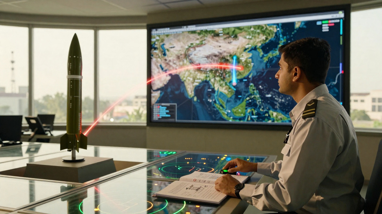 Militar observa e analisa trajectória de míssil num centro de controlo com mapas digitais e modelos.