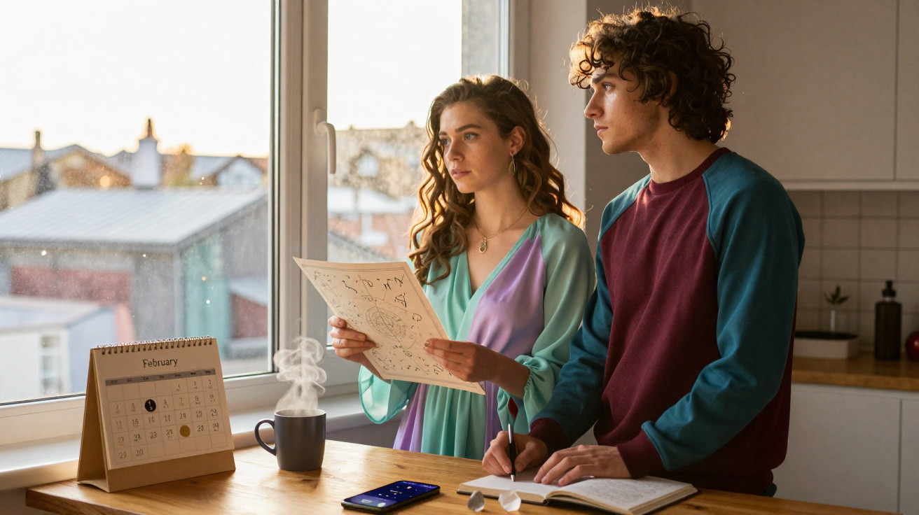 Jovem casal debruçado sobre uma mesa com calendário, caderno, telemóvel e caneca com vapor perto de janela.