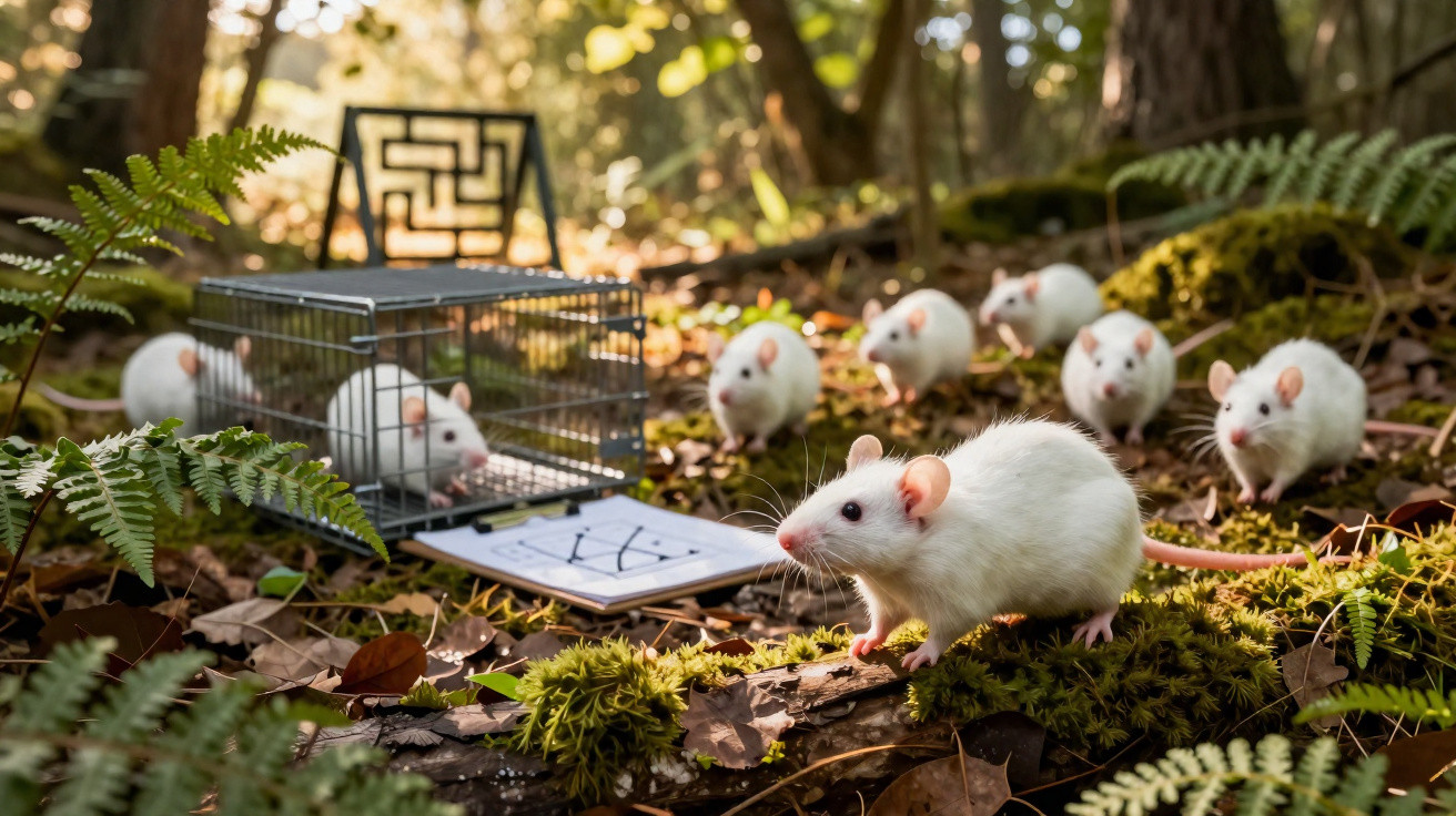 Ratos brancos no solo da floresta perto de uma ratoeira metálica aberta.