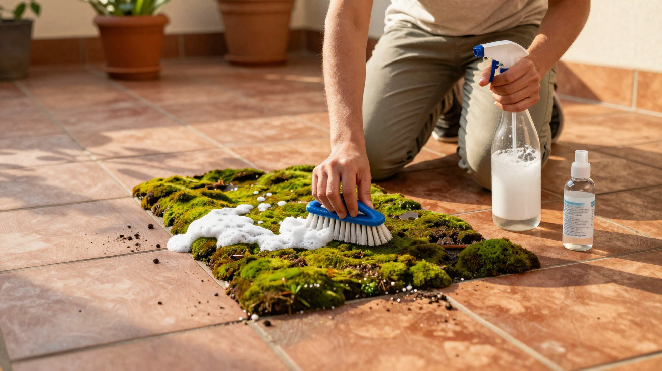 Pessoa a limpar musgo verde do chão de azulejo com escova e produto de limpeza branco em frasco de spray.