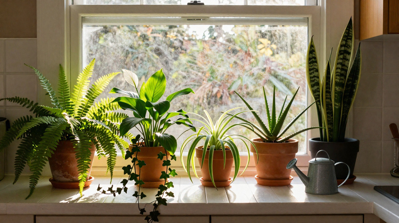 Jardim de cinco plantas em vasos sobre o peitoril da janela com regador metálico à direita.