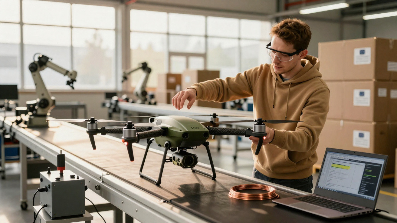 Homem com óculos de proteção ajusta um drone num espaço industrial com robôs e computador portátil.