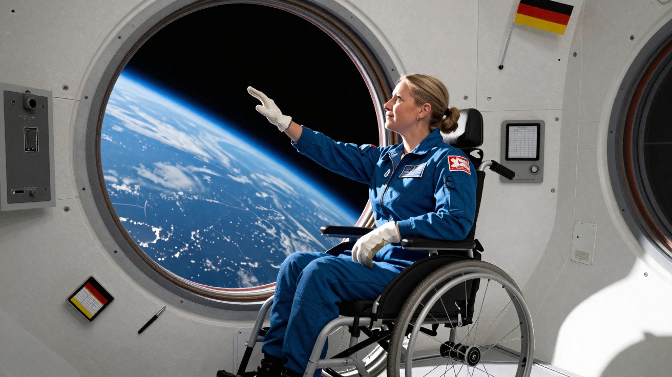 Astronauta em cadeira de rodas aponta para a Terra vista através da janela da estação espacial.