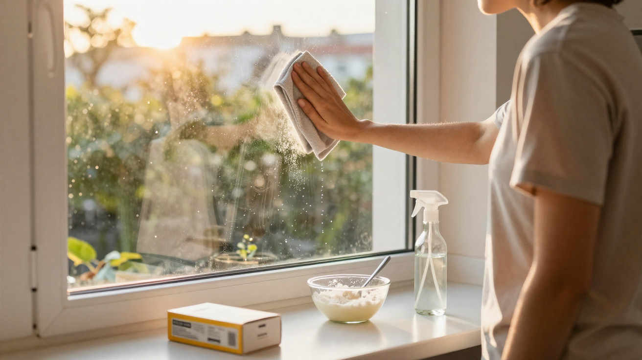 Pessoa a limpar uma janela com um pano, luz do sol ao fundo e produtos de limpeza na superfície.