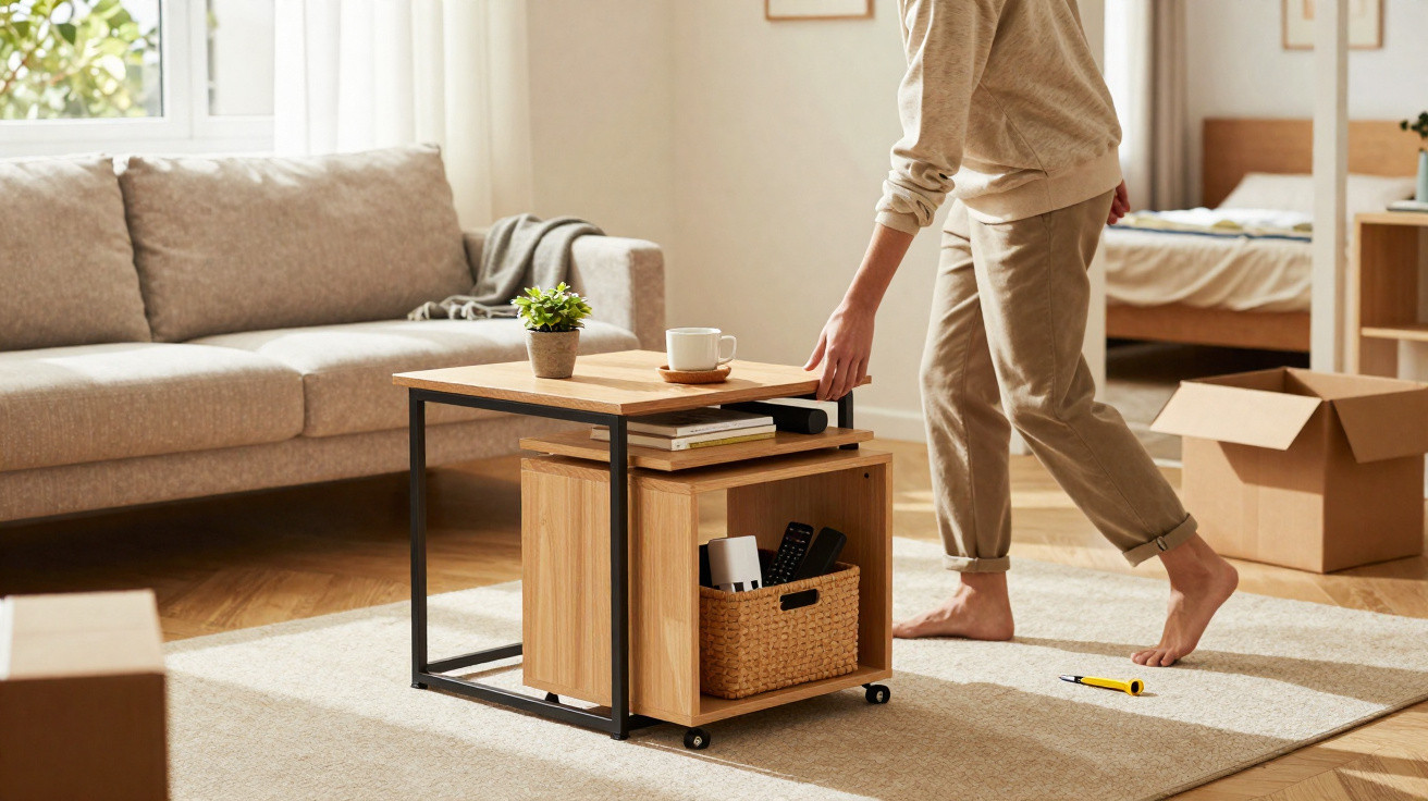 Pessoa a mover mesa de centro de sala de estar com decoração moderna e caixa de cartão no chão.