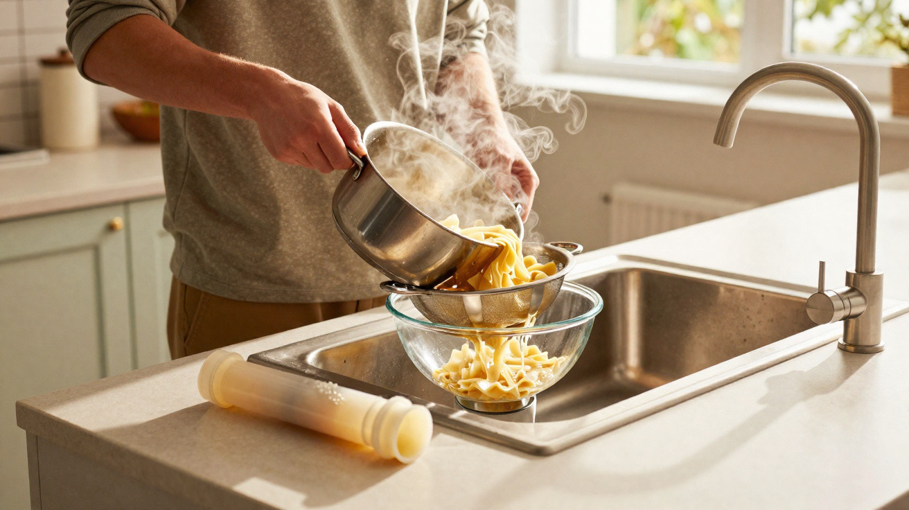 Pessoa a coar massa quente com vapor numa cozinha iluminada pela luz natural.