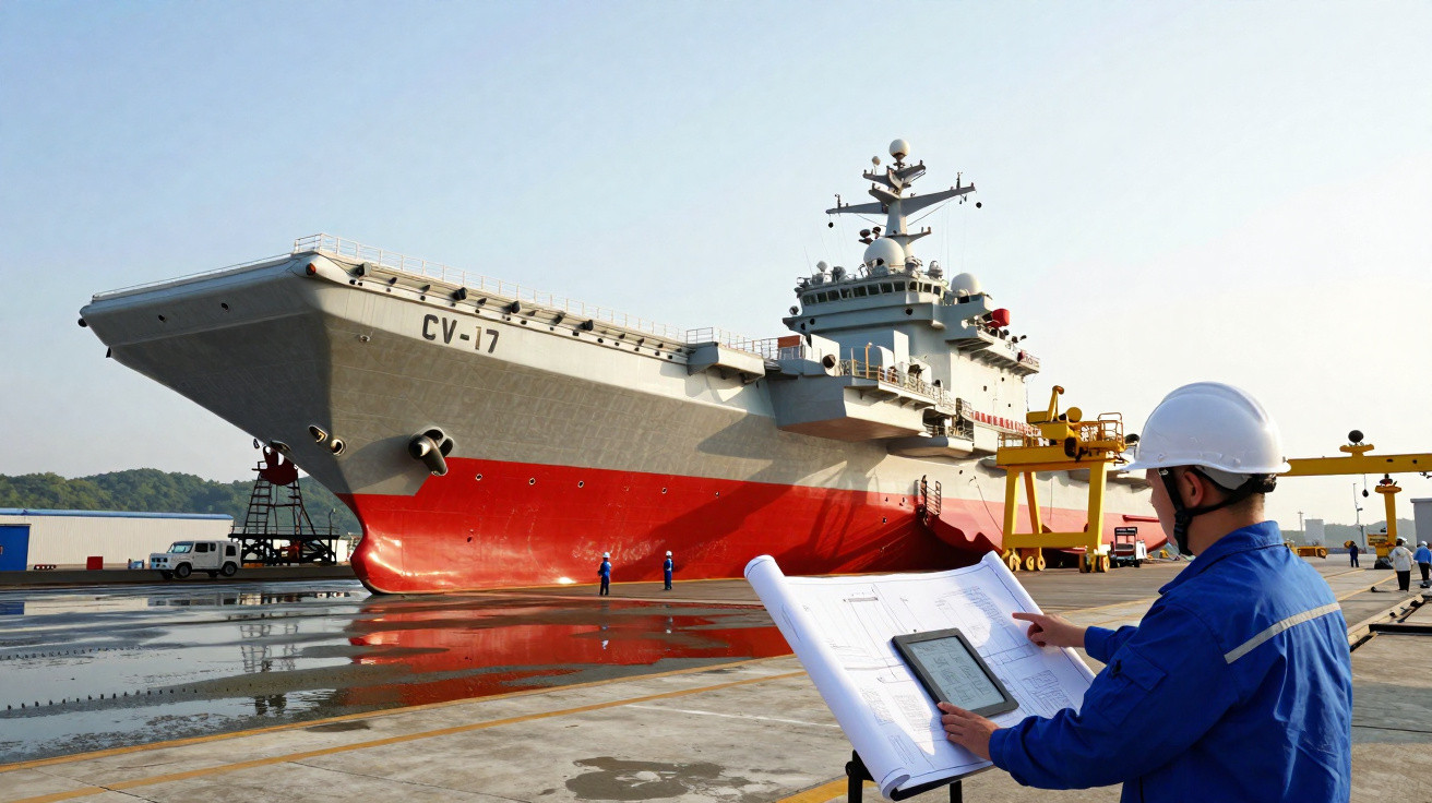 Homem com capacete e fato azul consulta planta junto a porta-aviões CV-17 em estaleiro naval.