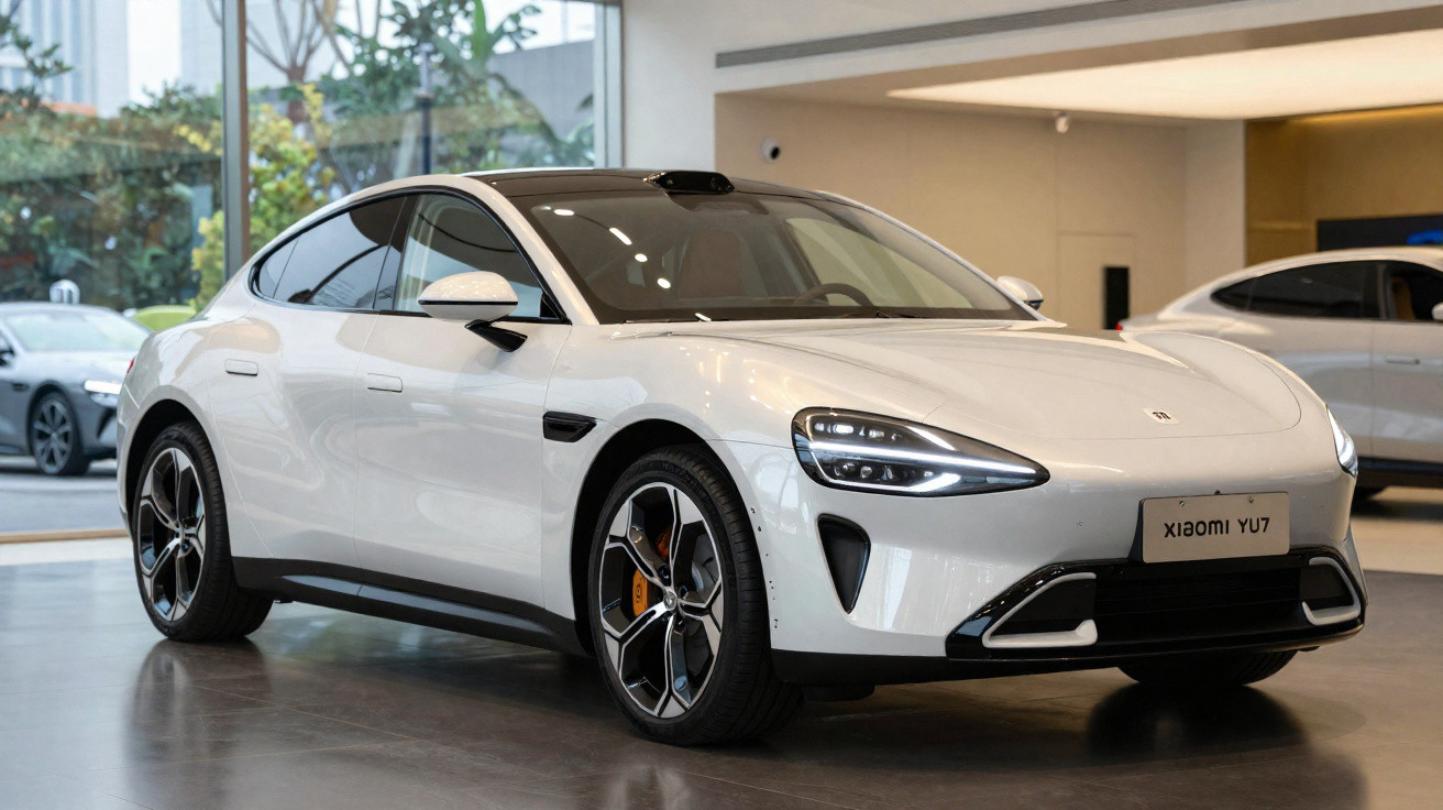 Carro elétrico branco Xiaomi YU7 exibido numa exposição moderna com luz natural.