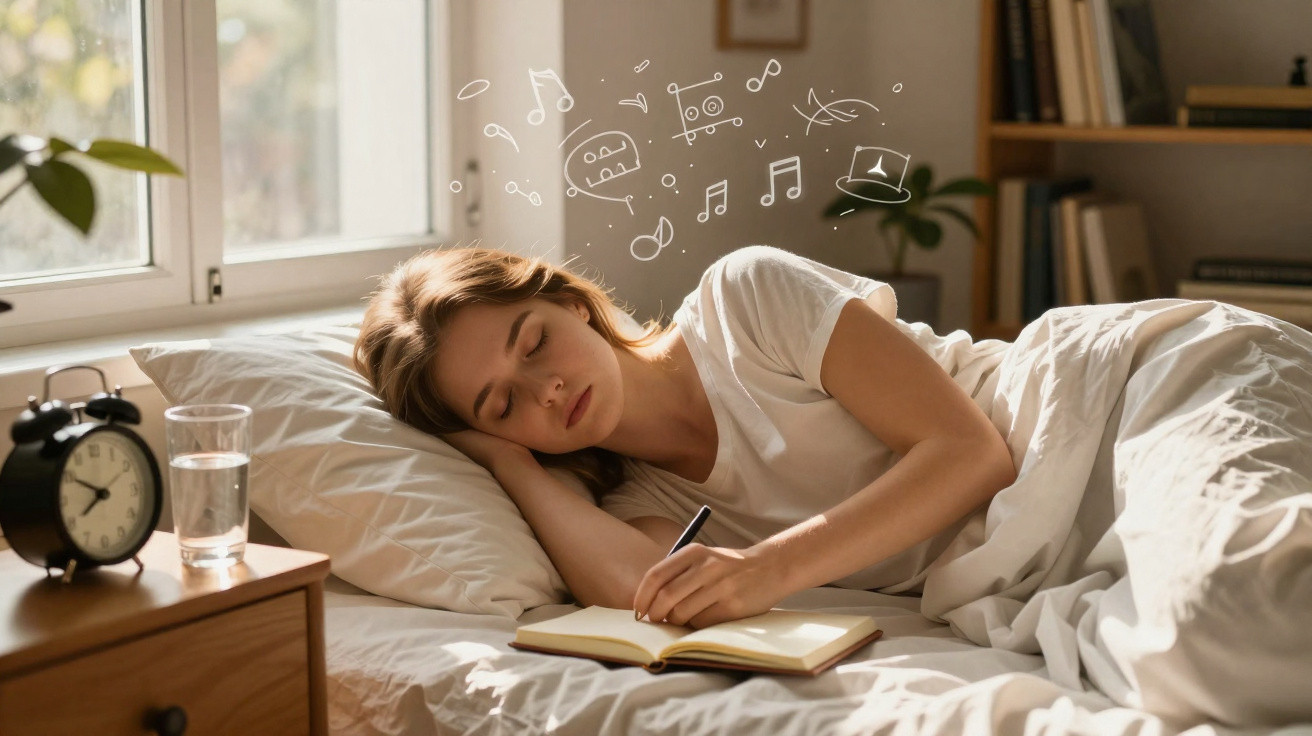 Mulher adormecida na cama a escrever num caderno, com desenhos musicais a flutuar acima dela.