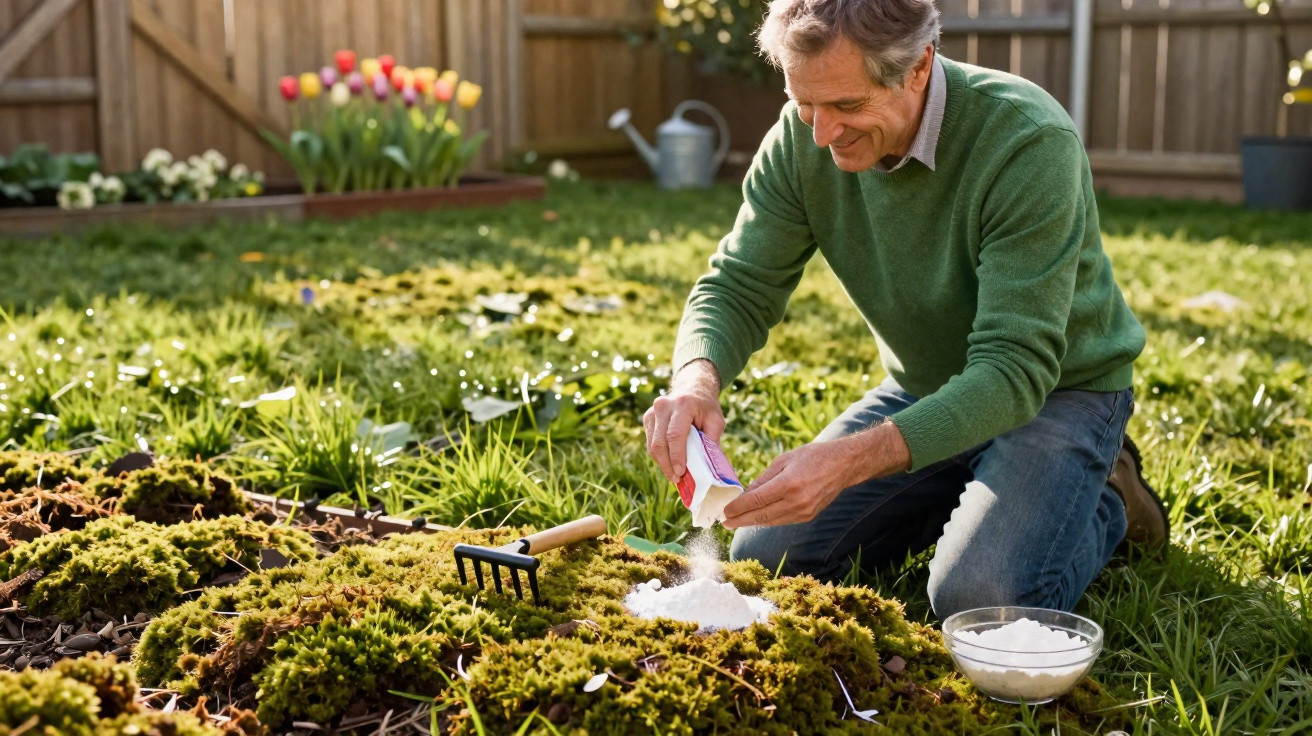 Homem com camisola verde a cuidar de plantas num jardim com terra coberta de musgo e flores ao fundo.