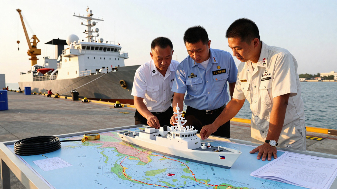 Três homens em uniforme analisam modelo de navio sobre mapa numa doca com navio real ao fundo.