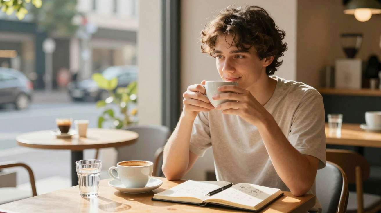 Jovem sentado numa cafetaria, a beber café e a olhar pela janela, com caderno aberto à frente.