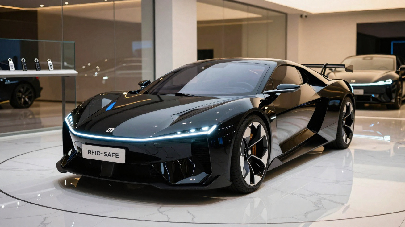 Carro desportivo preto e futurista apresentado numa sala de exposição moderna com piso em mármore.