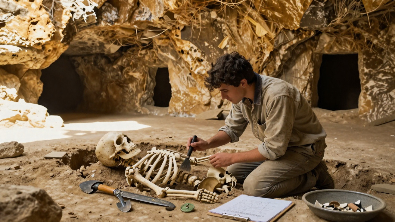 Arqueólogo limpa esqueleto humano num sítio arqueológico em caverna com ferramentas e papéis.