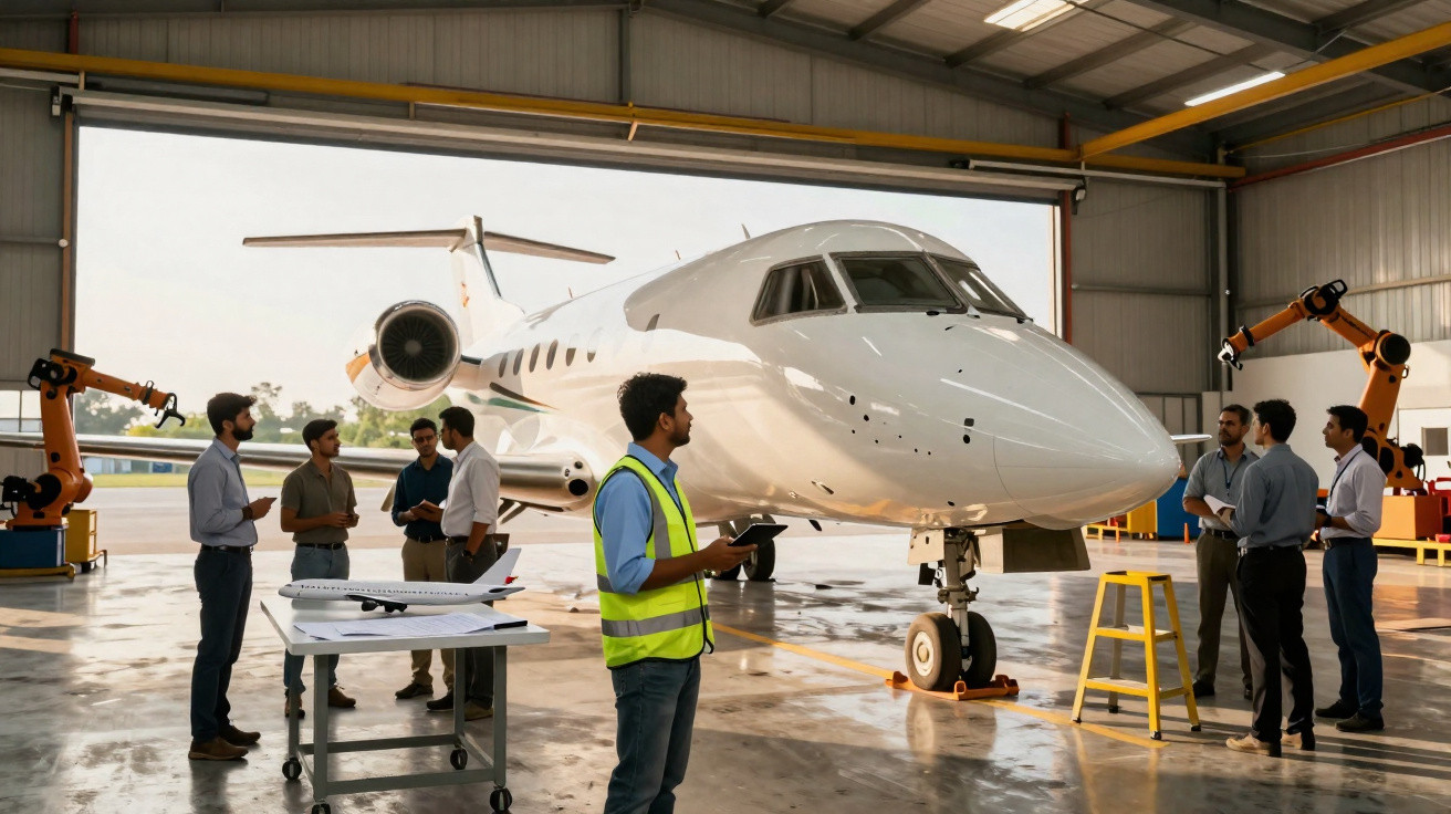 Grupo de engenheiros a inspecionar jato privado numa hangar com equipamentos de robótica.
