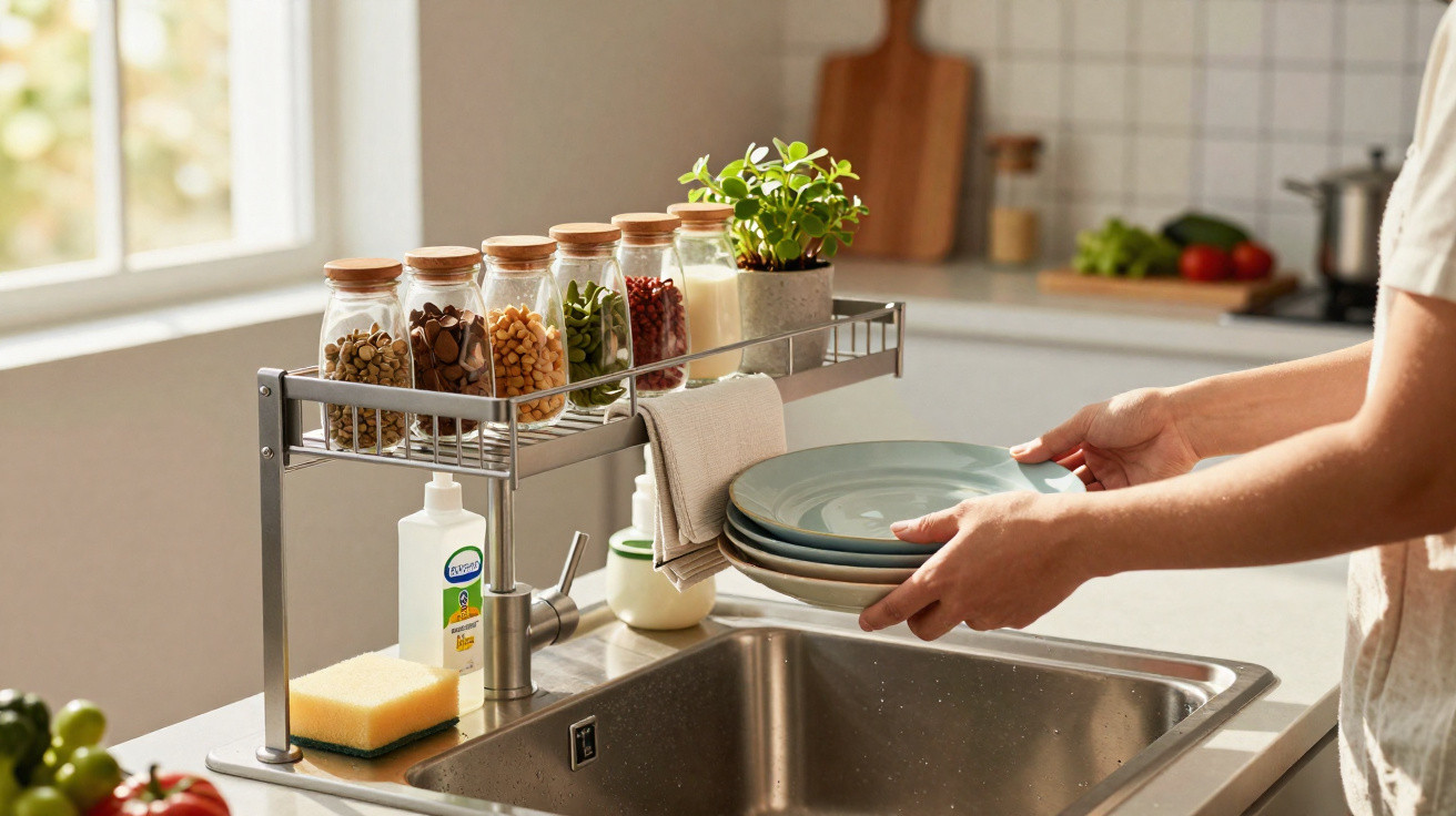 Pessoa a organizar pratos junto à pia numa cozinha com frascos de especiarias e ervas frescas numa prateleira.