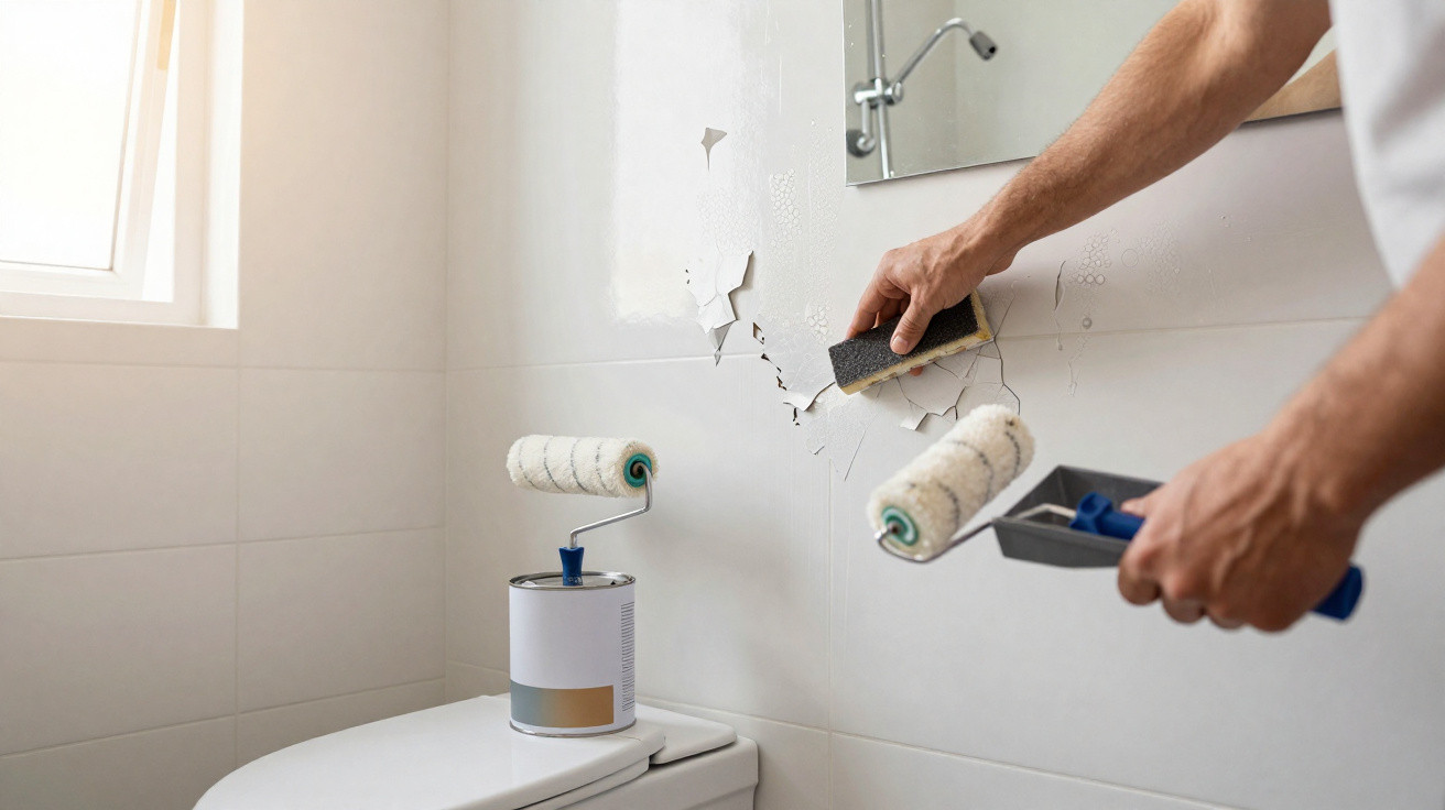 Pessoa a raspar tinta solta das azulejos numa casa de banho com rolos de pintura e uma lata de tinta branca.