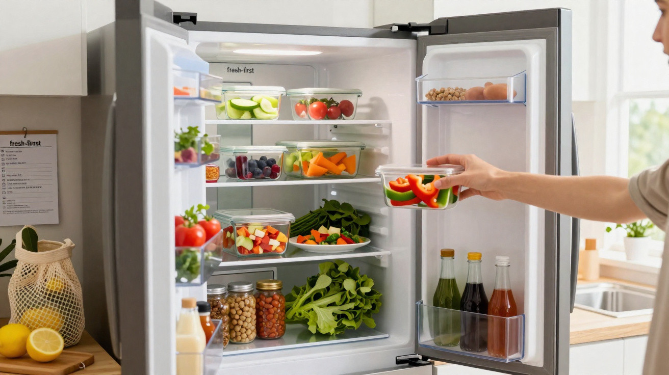 Frigorífico aberto com legumes frescos, frutas e garrafas, enquanto pessoa guarda recipiente com pimentos.