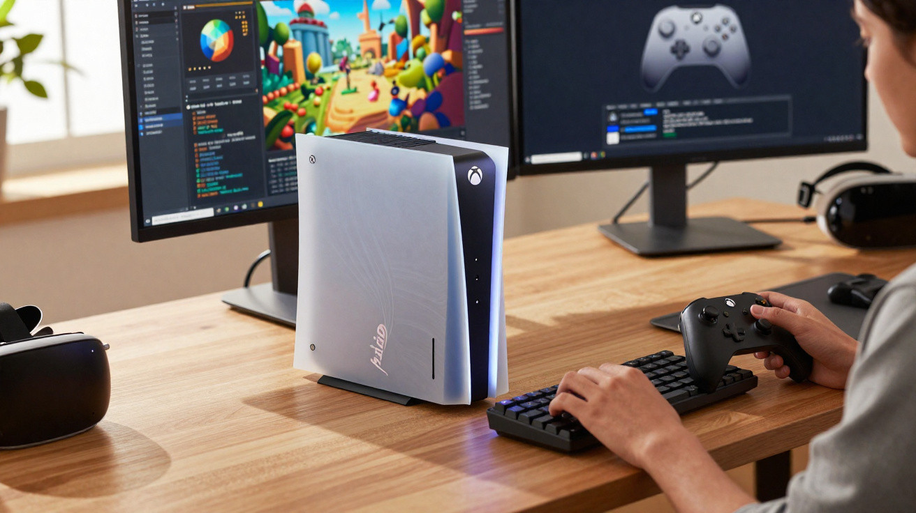 Consola Xbox Series S colocada na secretária com dois ecrãs e uma pessoa a usar comando e teclado.