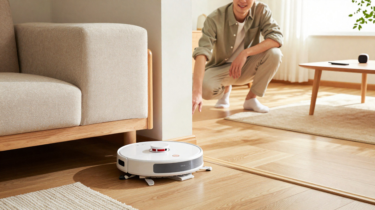 Homem aponta para robot aspirador a limpar chão de madeira numa sala com sofá e mesa de centro.