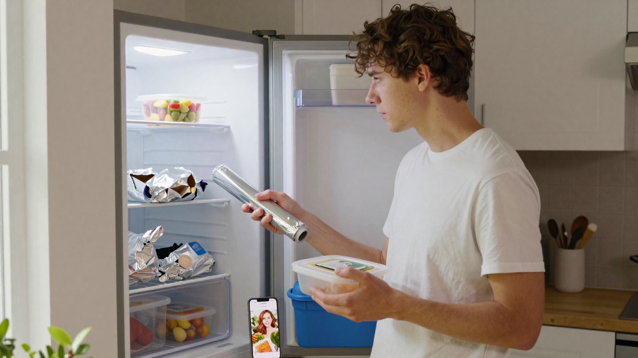 Homem jovem em cozinha a preparar comida com filme plástico e recipientes, olhando para frigorífico aberto.