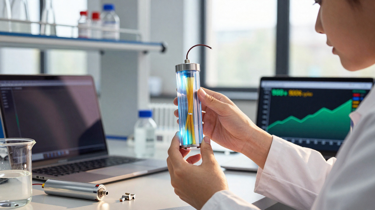 Pessoa em laboratório a segurar dispositivo transparente com fios coloridos, computador e equipamento científico na mesa.