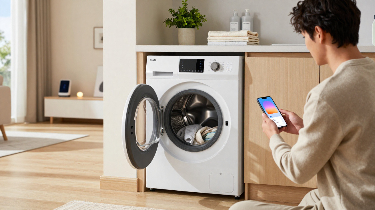 Homem controla máquina de lavar roupa branca com smartphone numa casa moderna e luminosa.