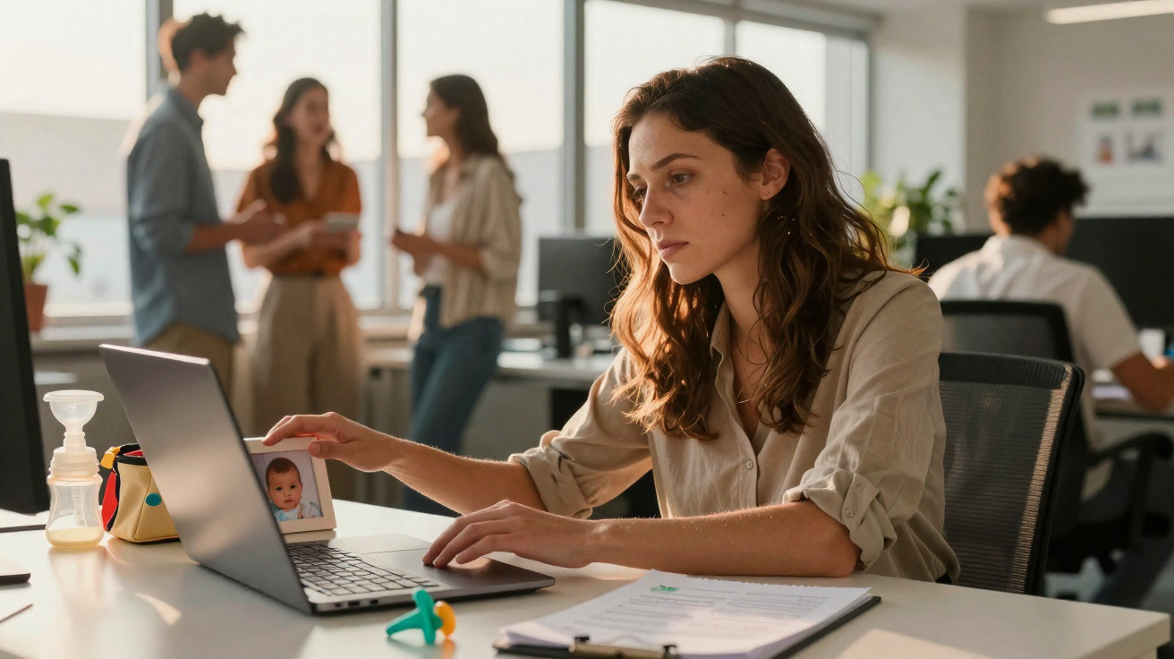 Mulher a trabalhar no computador num escritório com colegas ao fundo e objetos de bebé na secretária.