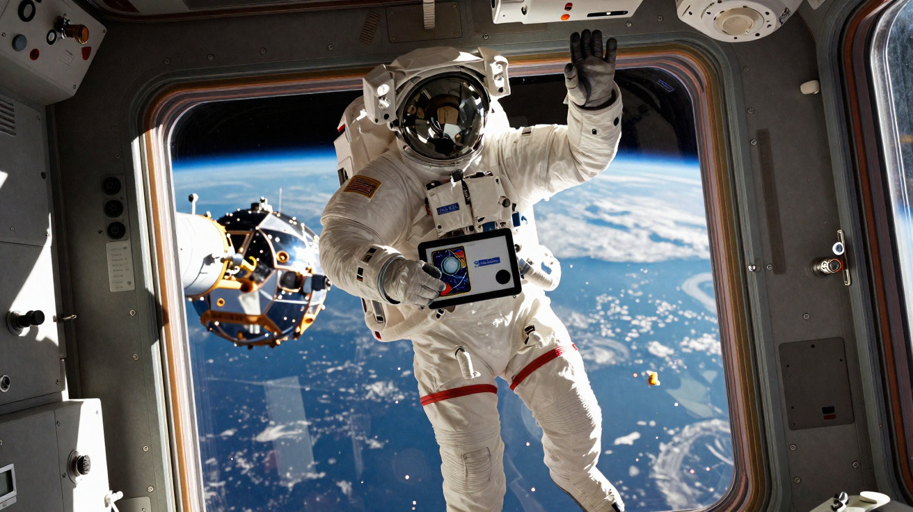 Astronauta em fato espacial flutua no espaço junto a uma estação, com vista da Terra ao fundo.
