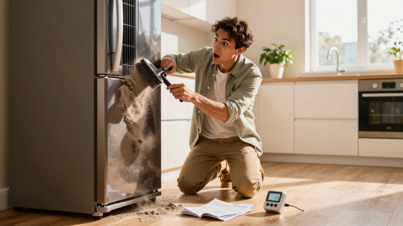 Homem surpreso limpa sujidade que caiu do frigorífico numa cozinha moderna e iluminada.