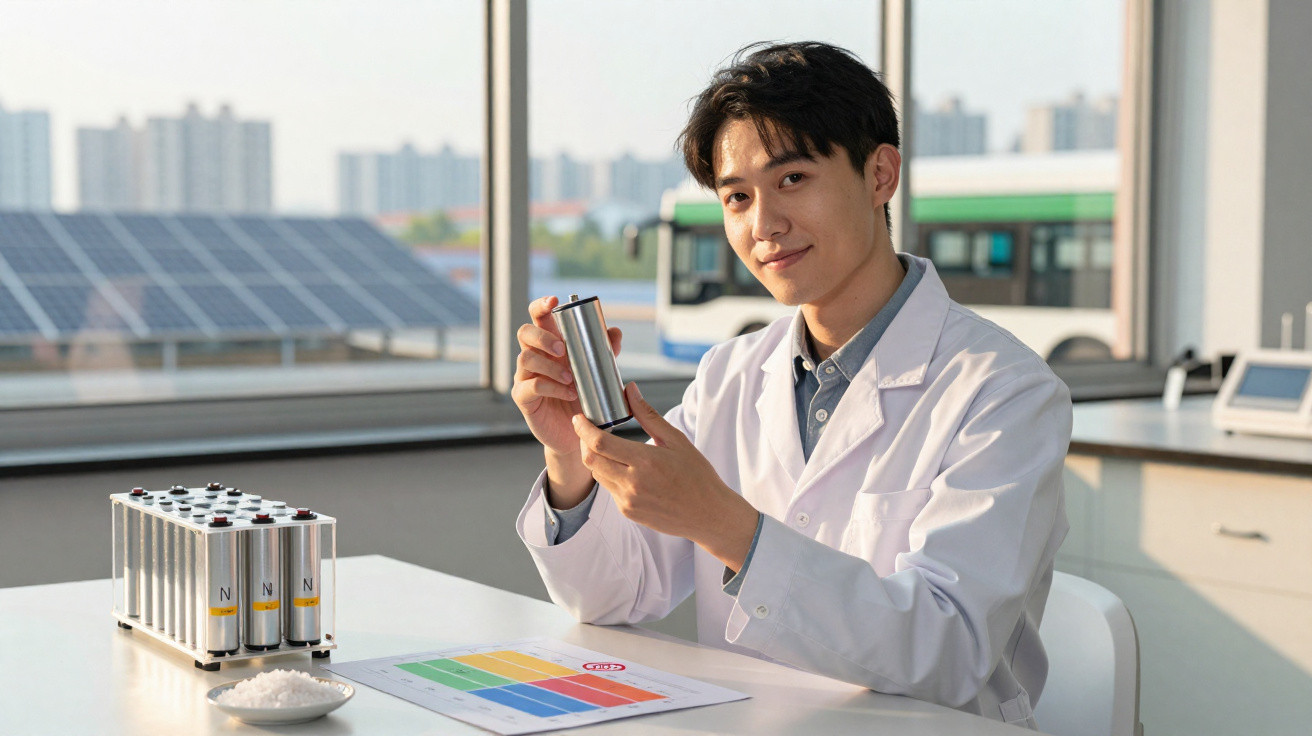 Homem com bata branca segura bateria reutilizável num laboratório moderno com painéis solares na janela.