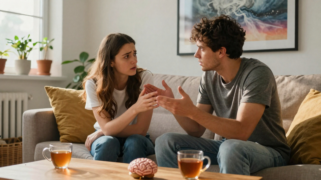 Casal sentado no sofá a discutir, com expressões preocupadas e chá sobre a mesa.