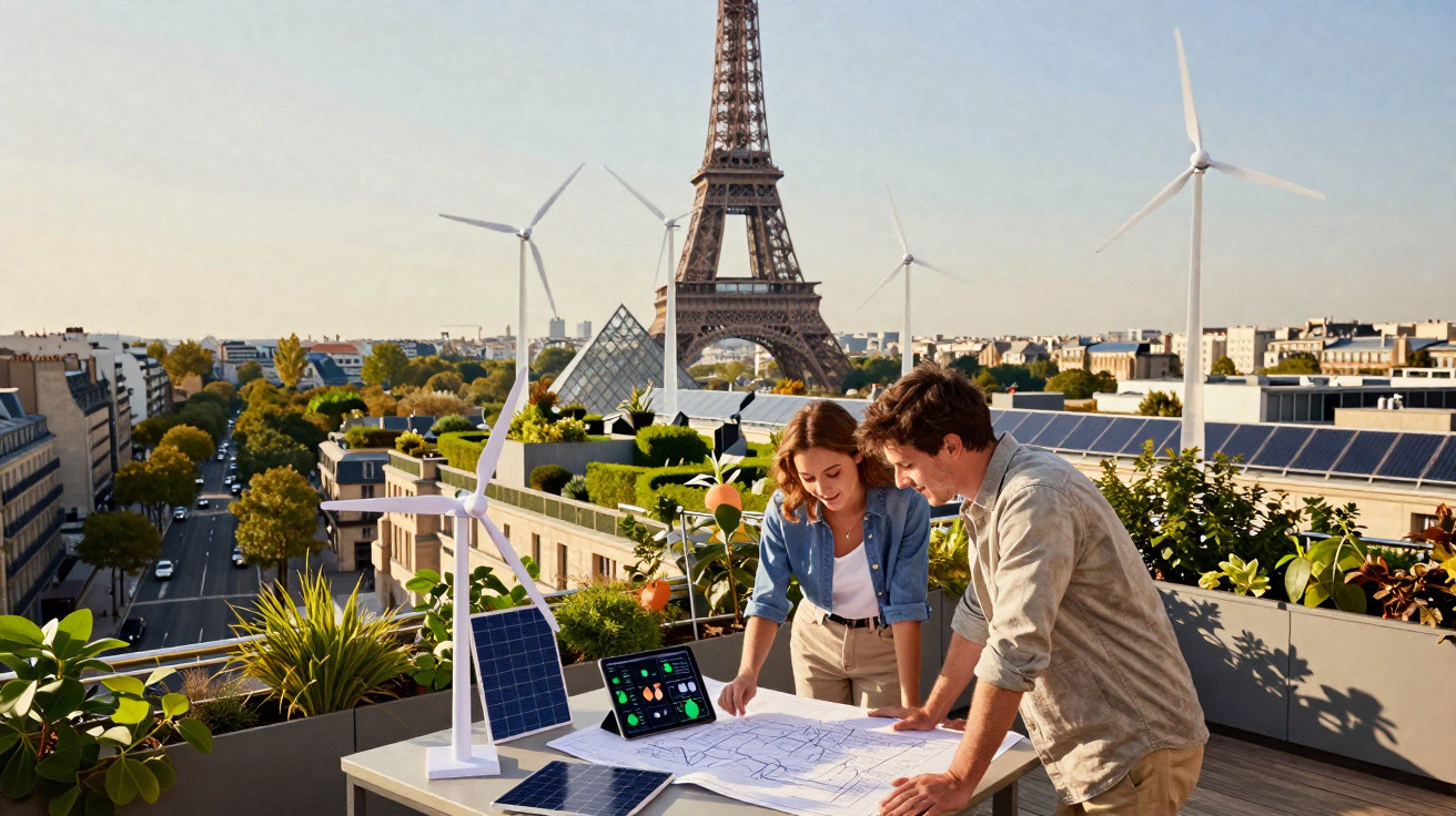 Casal a analisar plantas com mini turbinas e painéis solares, com Torre Eiffel ao fundo em Paris.