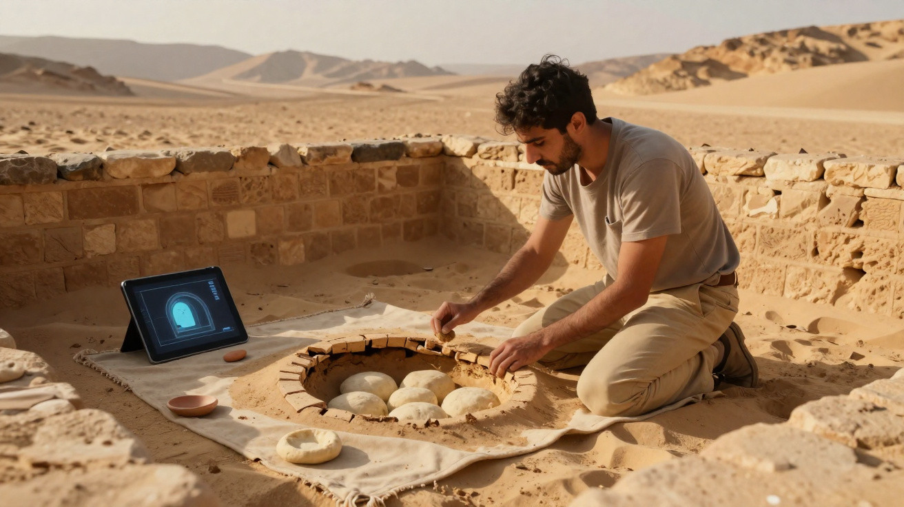 Homem a assar pão num forno tradicional no deserto, com tablet a mostrar imagem do forno.