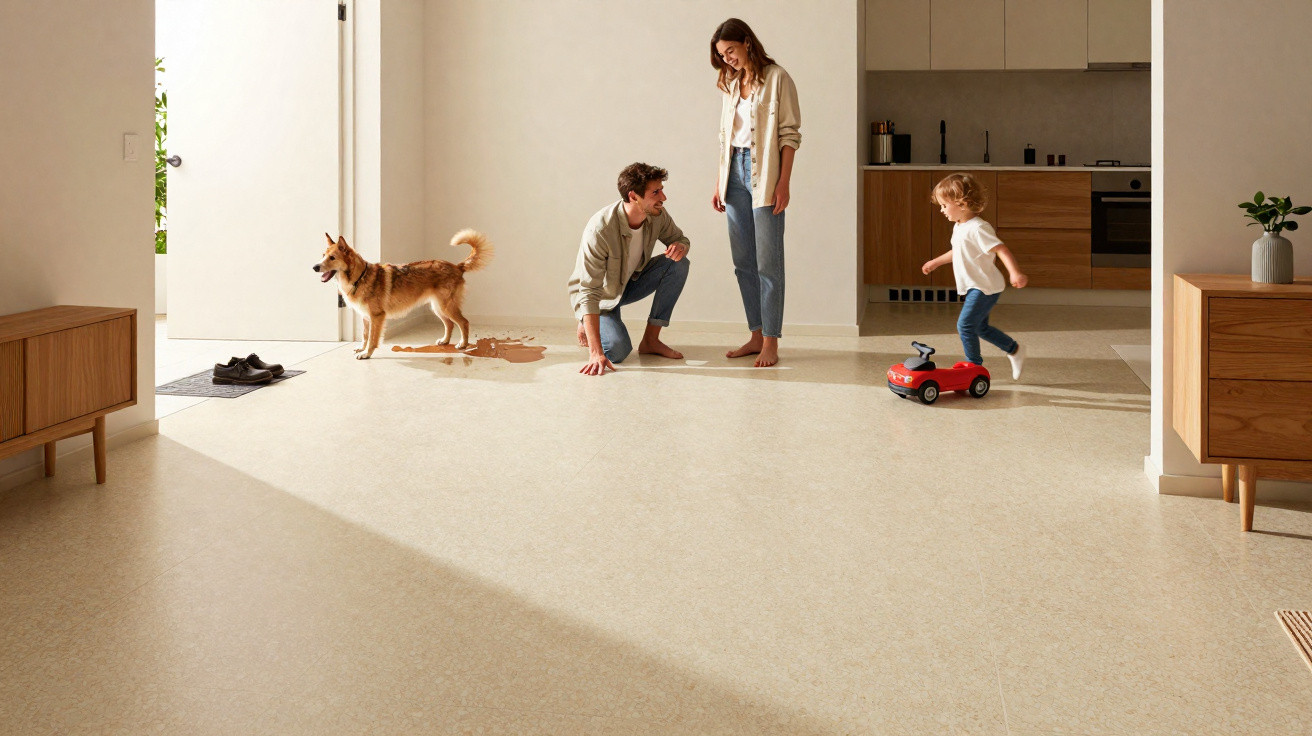 Família com criança e cão em sala de estar com chão limpo e móveis de madeira clara.
