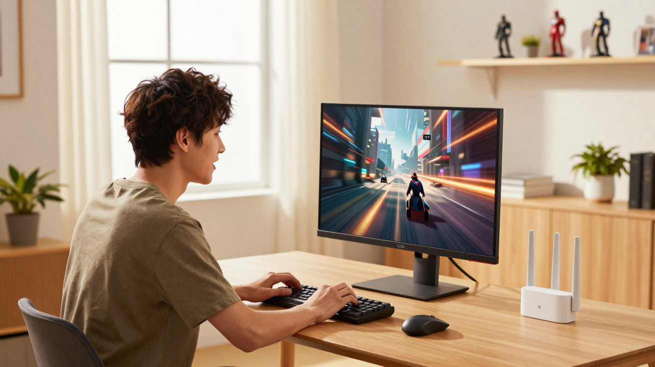 Jovem sentado a jogar videojogos num computador numa secretária em ambiente doméstico moderno.