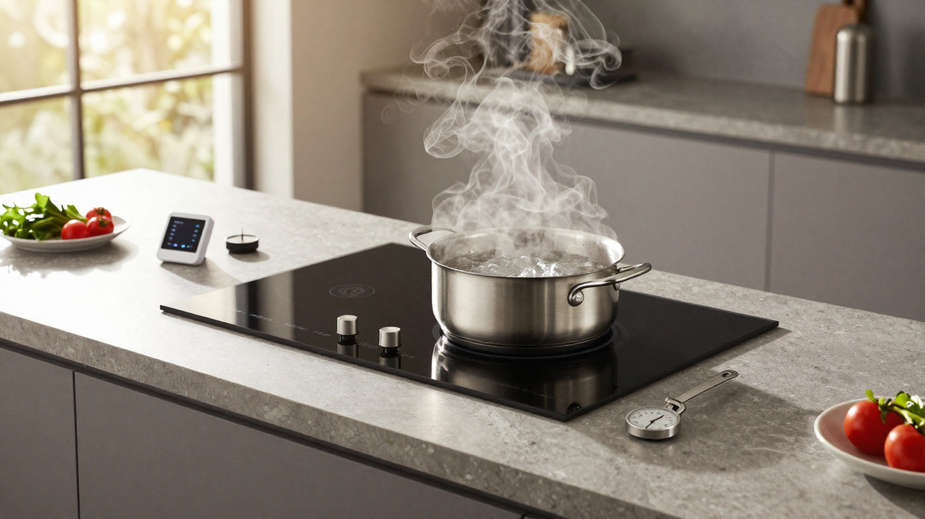 Panela de aço inox a ferver com vapor numa placa de fogão elétrica numa cozinha moderna.