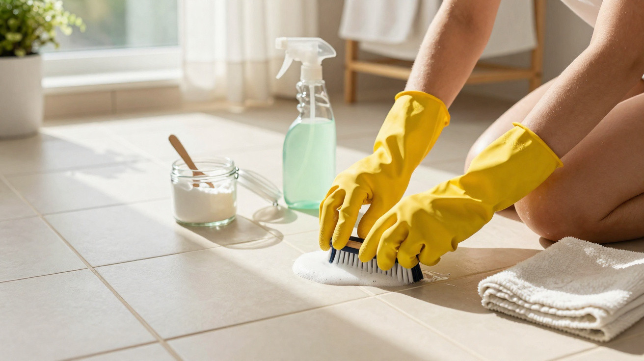 Pessoa com luvas amarelas a esfregar chão de azulejo com escova, perto de spray e produto de limpeza.