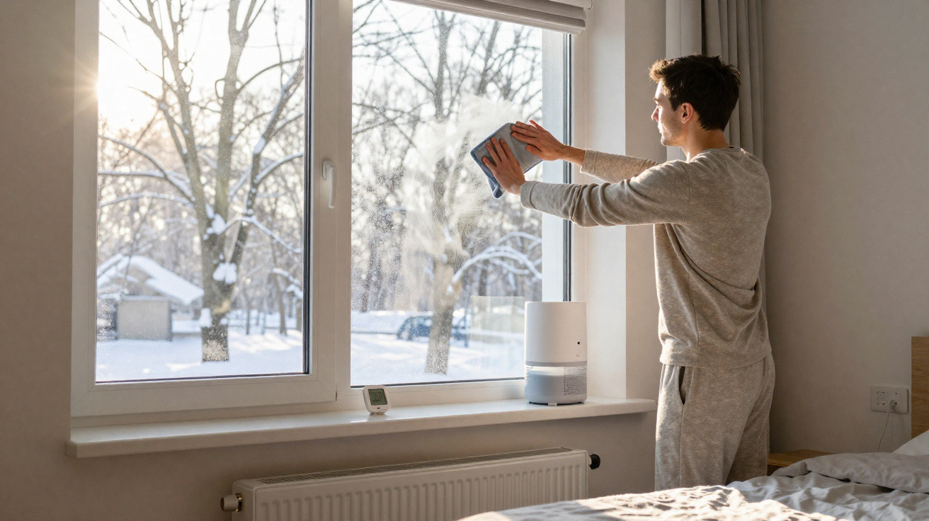 Homem a limpar uma janela grande num quarto com vista para uma paisagem nevada.