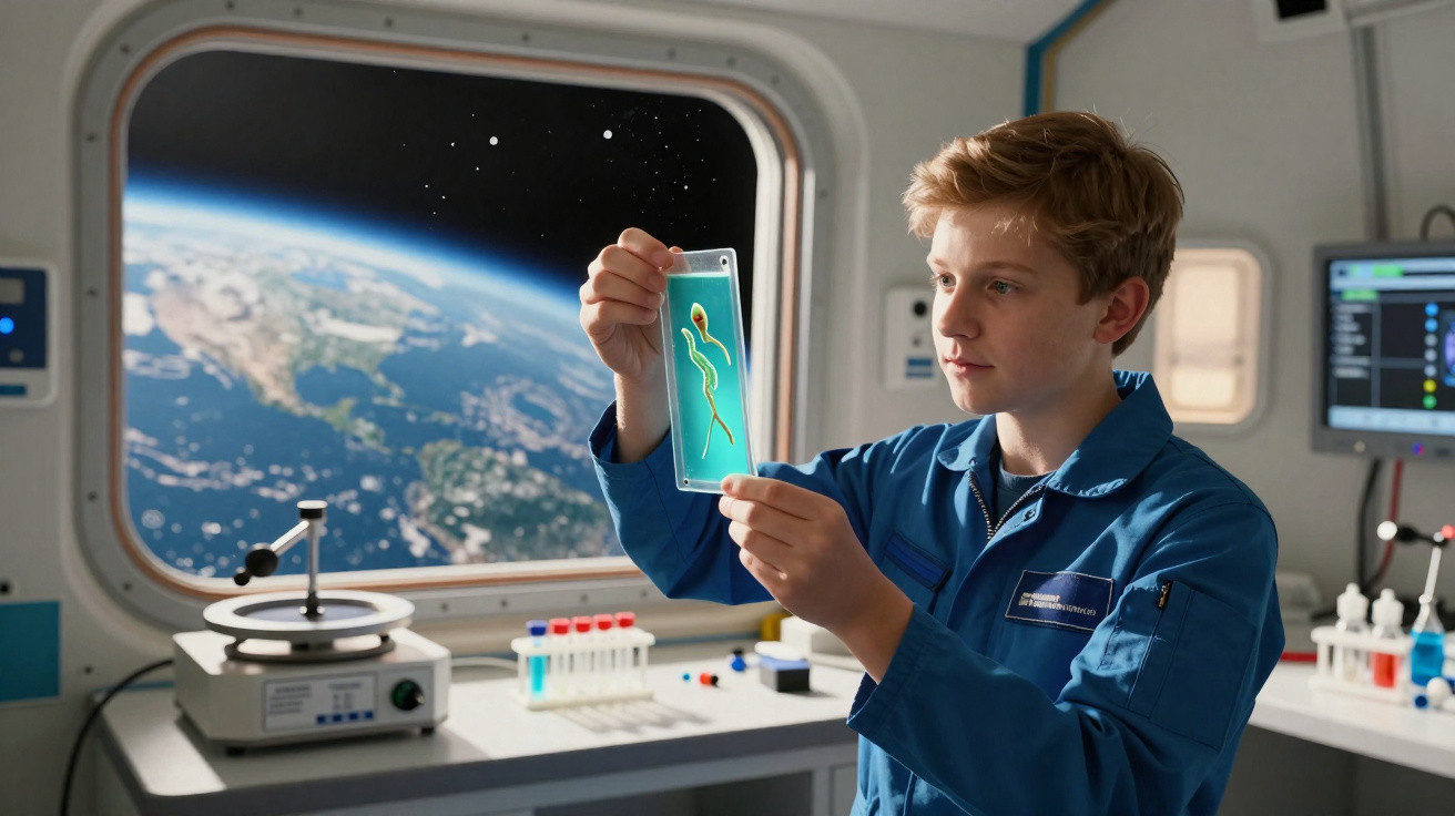 Jovem cientista em fato azul analisa imagem de célula numa nave espacial com vista para a Terra em segundo plano.