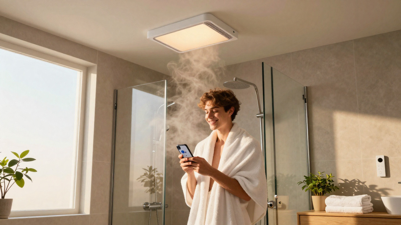 Jovem com roupão branco no banheiro, usando telemóvel, sob vapor no chuveiro com luz natural e plantas.