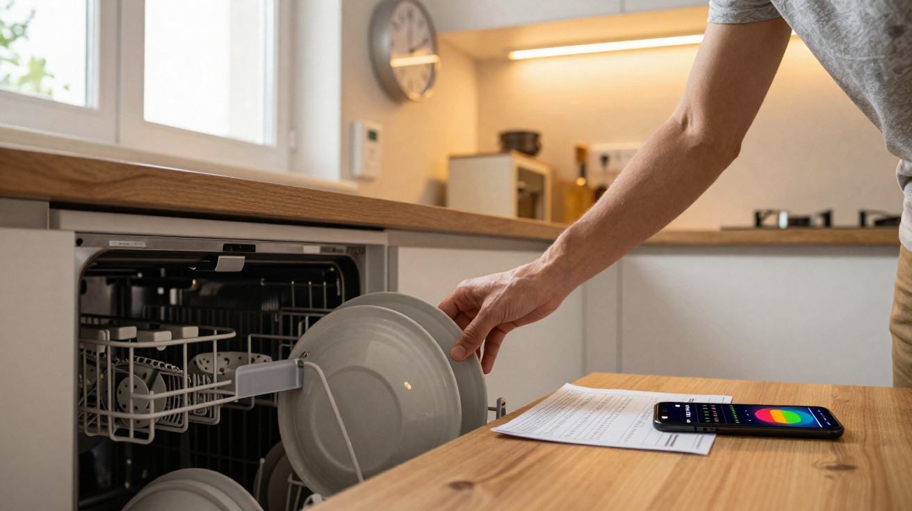 Pessoa a colocar pratos numa máquina de lavar louça numa cozinha moderna e luminosa.