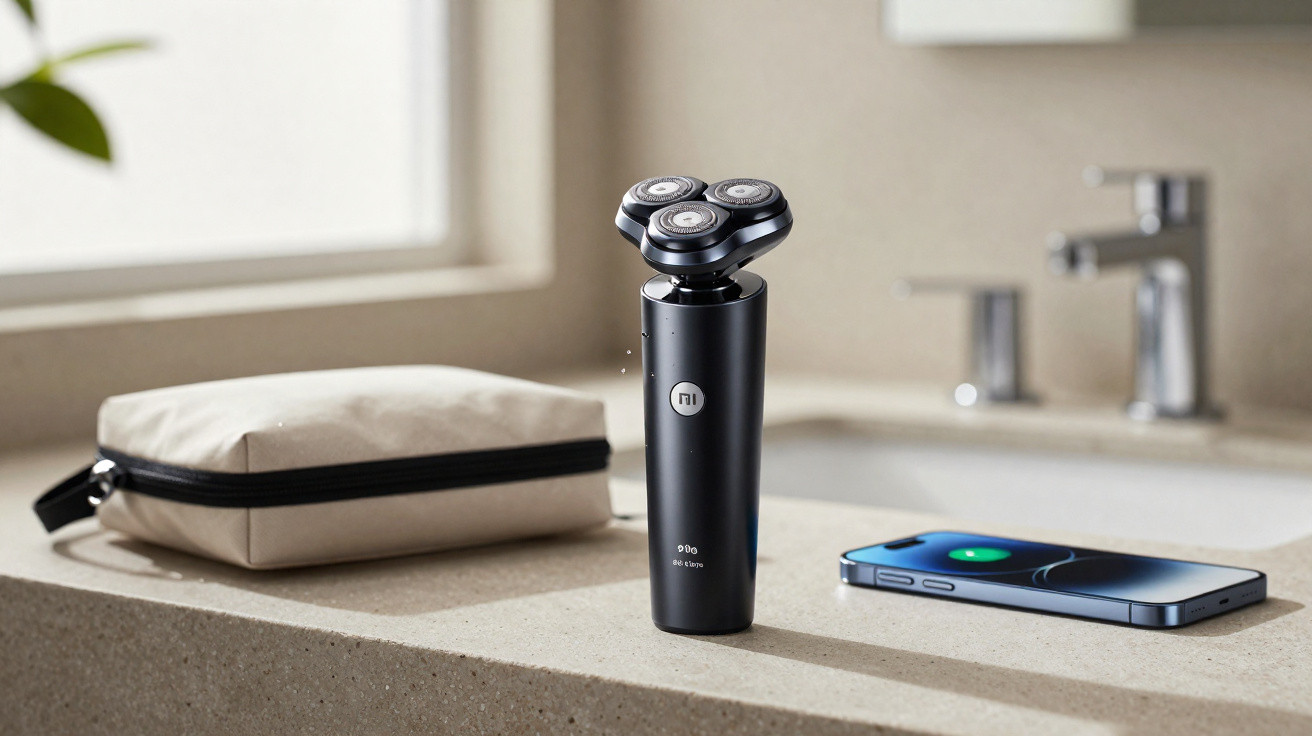 Aparador de barba elétrico preto, estojo e smartphone sobre bancada de casa de banho iluminada.