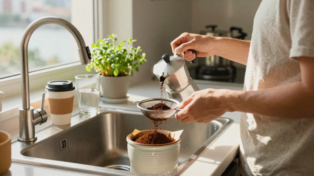 Pessoa a deitar borra de café de cafeteira para recipiente branco na cozinha iluminada pela janela