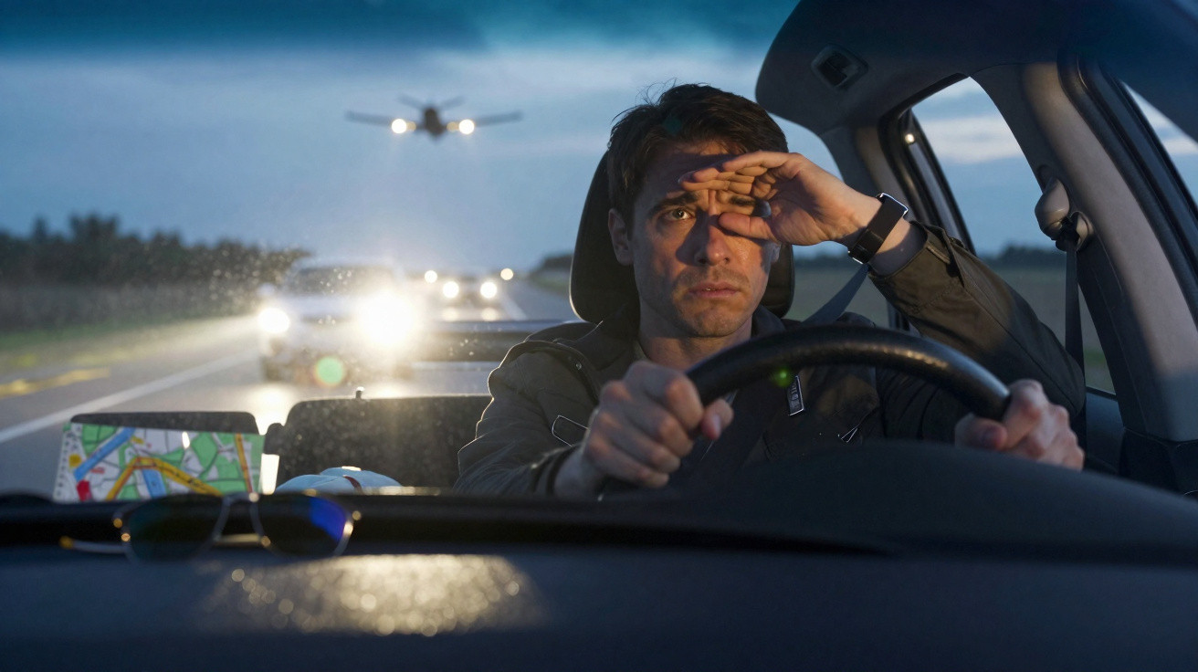 Homem a conduzir um carro ao anoitecer com uma mão a proteger os olhos da luz forte de carros atrás.