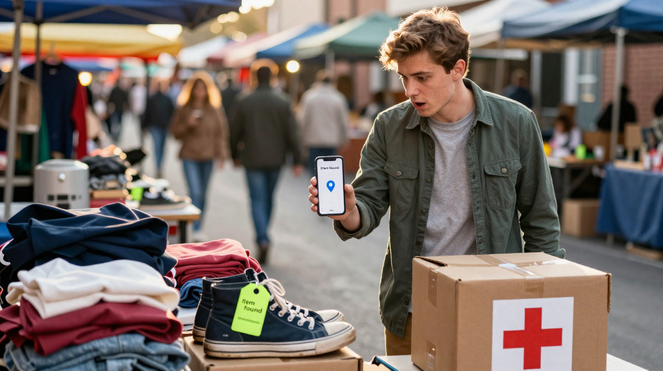 Jovem mostra smartphone com aviso de objeto encontrado junto a caixas e roupas num mercado ao ar livre.