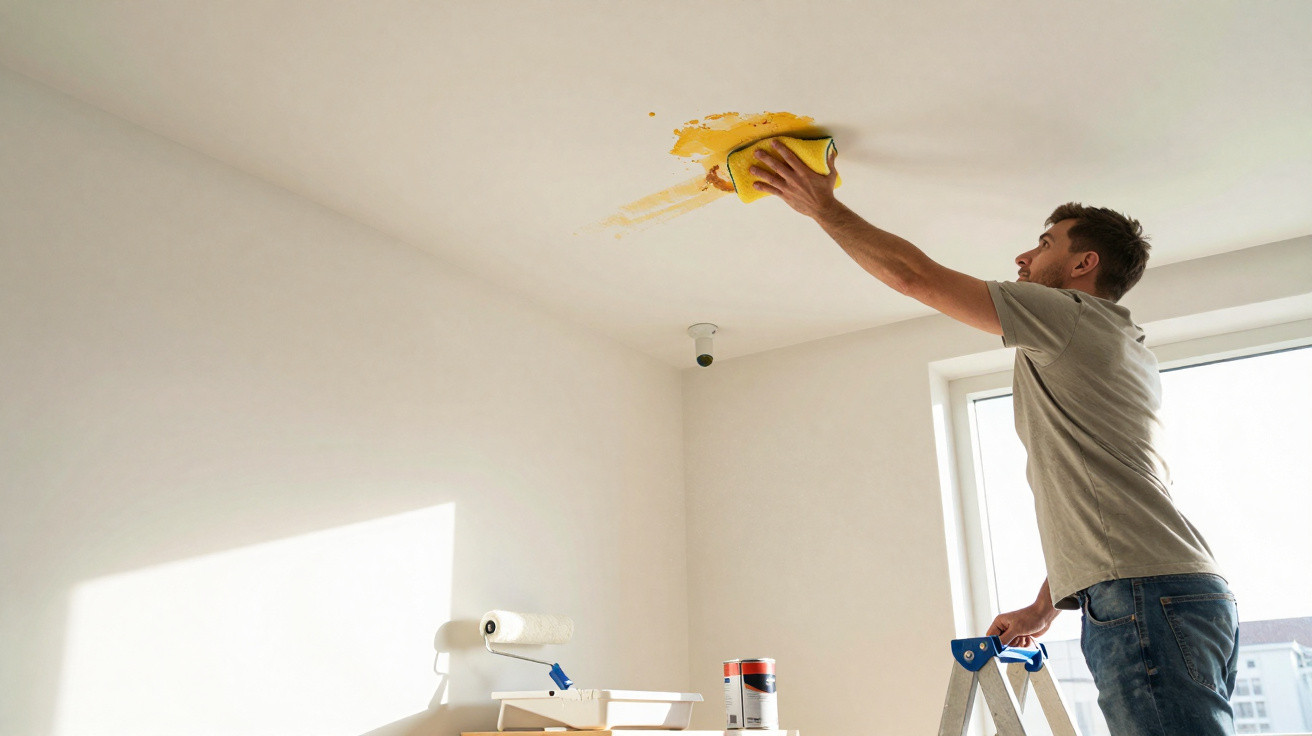 Homem a limpar tinta amarela do teto branco numa sala iluminada com janela grande.