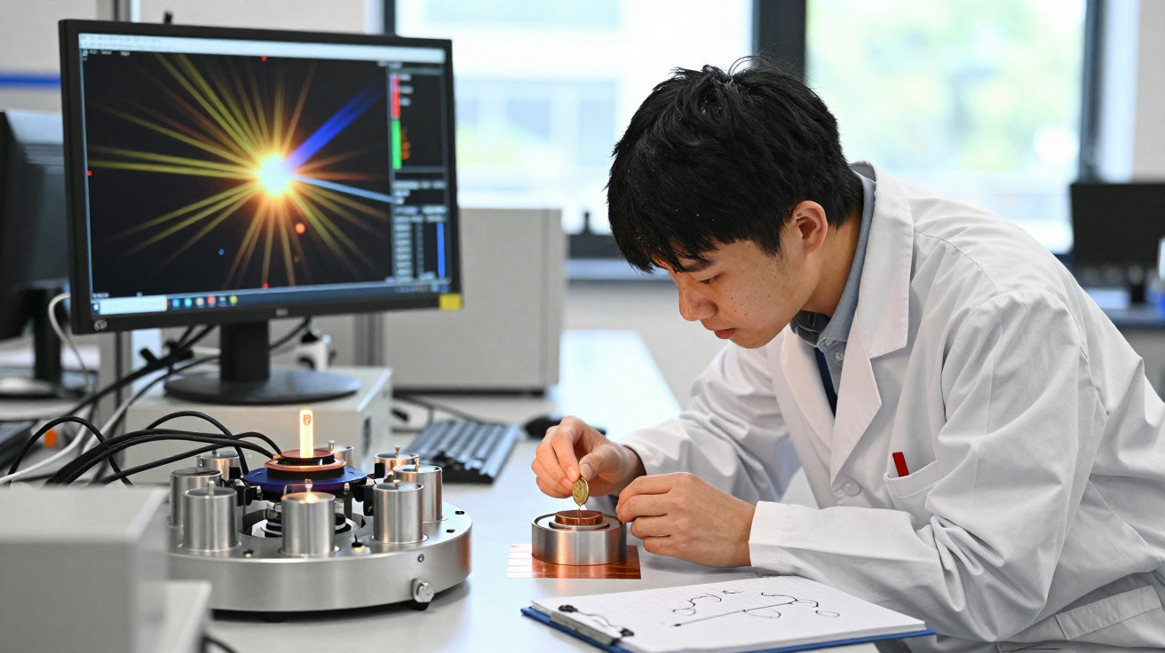 Cientista em bata branca a manipular equipamento de laboratório com aparelhos eletrónicos e monitor a mostrar gráficos.