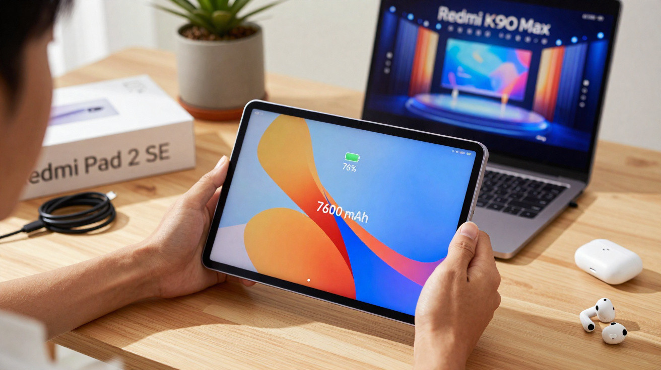 Pessoa a segurar tablet Redmi Pad 2 SE com bateria a 76% sobre mesa com computador portátil e auriculares.