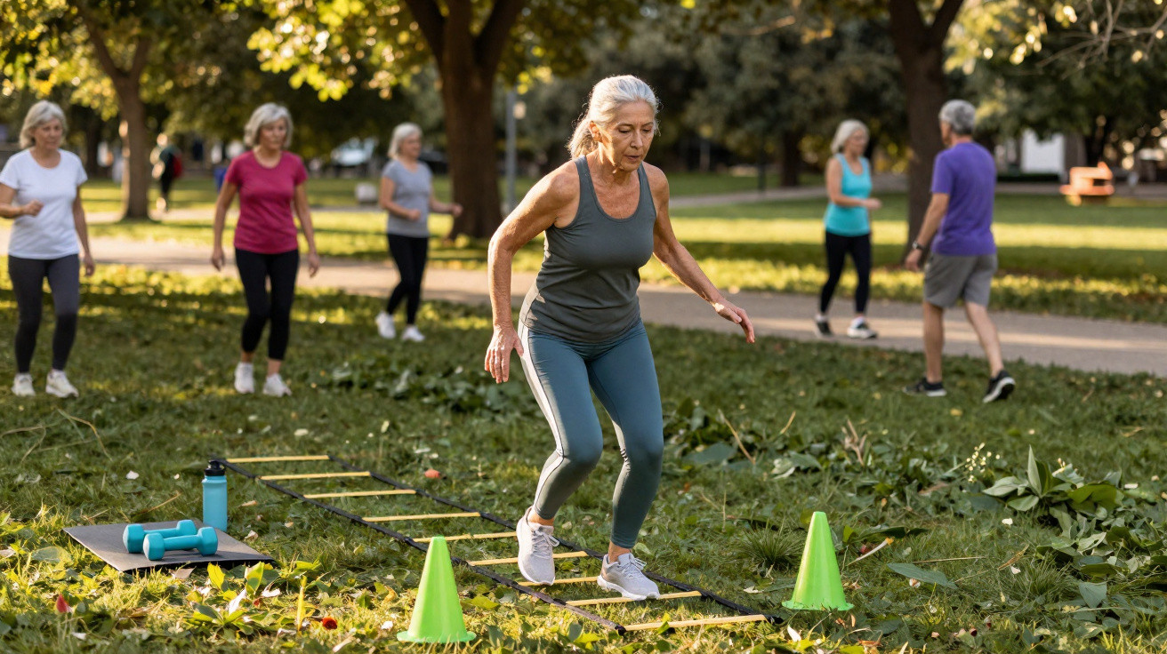 Grupo de idosos a exercitarem-se ao ar livre num parque, com equipamento de fitness no chão.